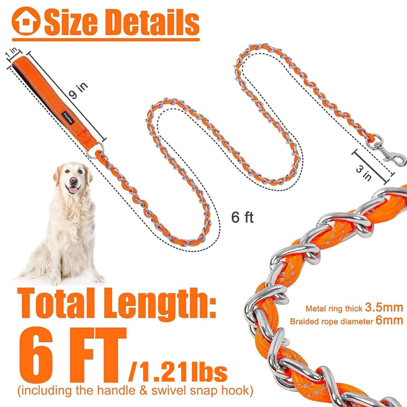 Homimp Chain Dog Leash for Medium Large Dogs Reflective 6 FT Chew Proof Heavy Duty Metal Leashes with Soft Padded Handle - Image 2
