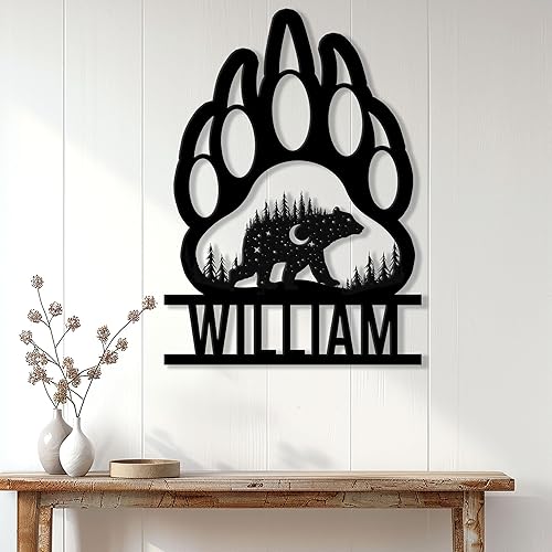 Miniatura 3 de Letrero personalizado de metal con diseño de oso, cartel colgante de oso para porche al aire libre, valla de pared con nombre personalizado, patio,