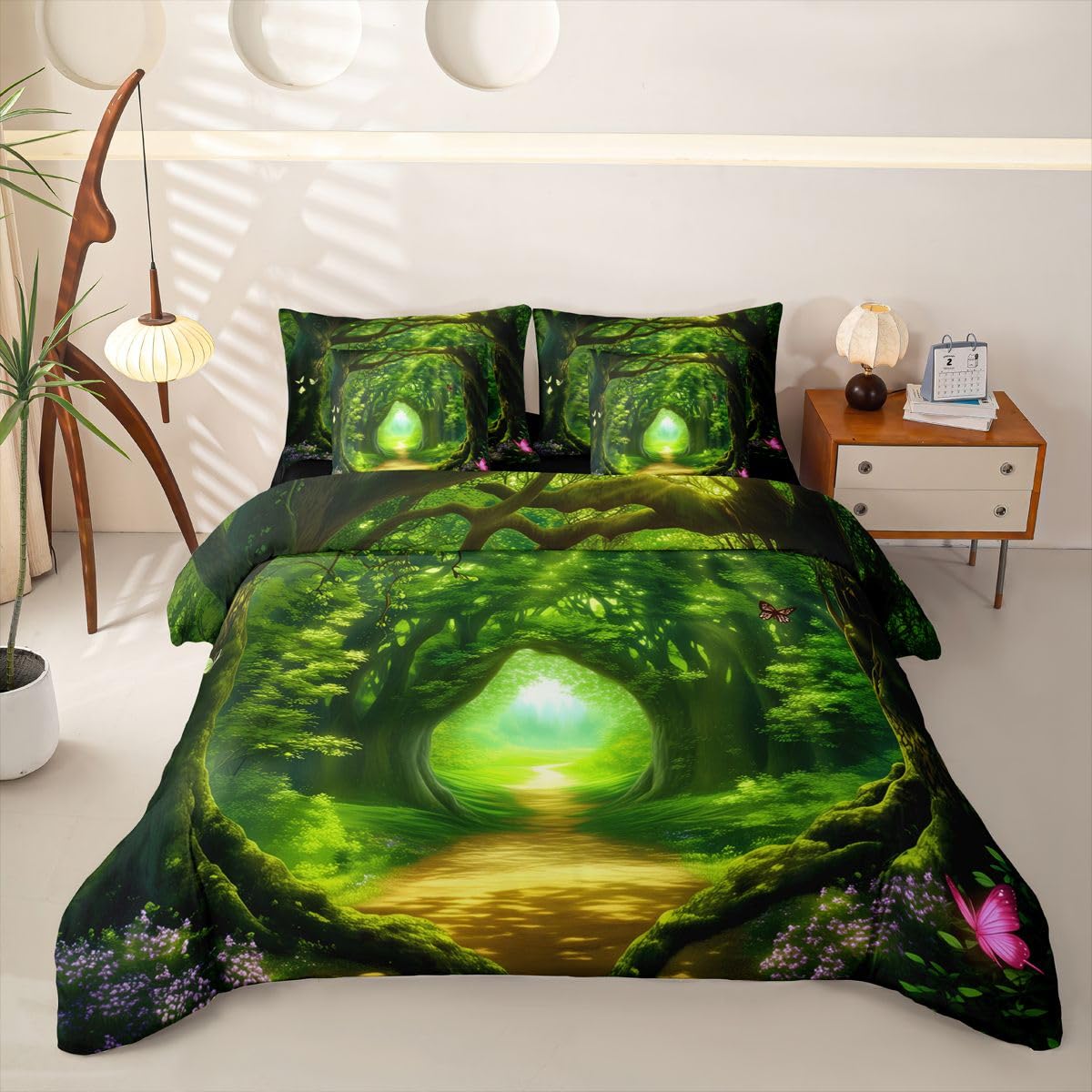 Loussiesd Juego de funda de edredón de 7 piezas, diseño de bosque botánico, tamaño doble, juego de ropa de cama completo con funda de edredón, sábanas, fundas de almohada, fundas de cojín