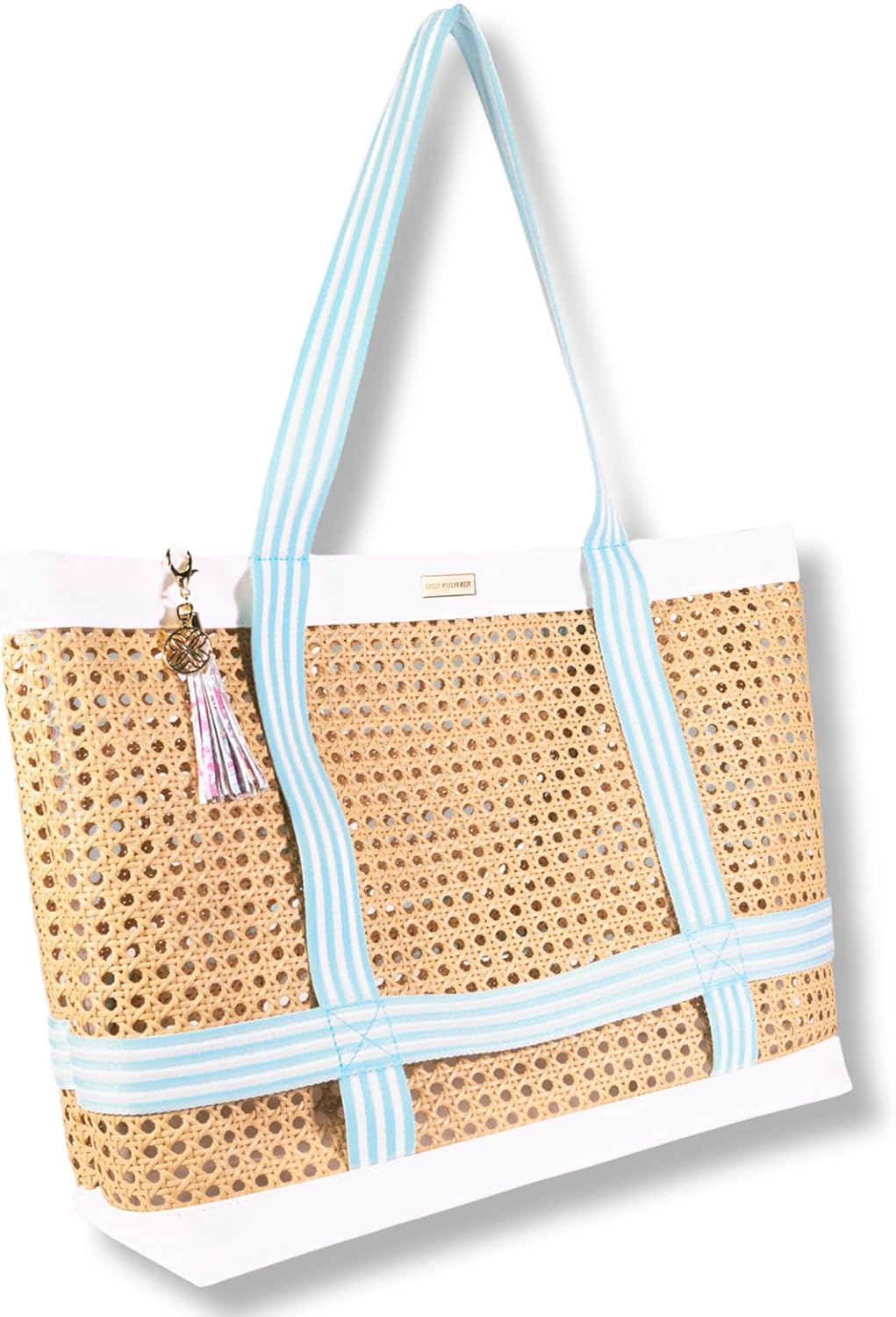 Lilly Pulitzer Travel Tote Bag with Hat Holder Strap, Caning Beach Bag with Tassel Keychain