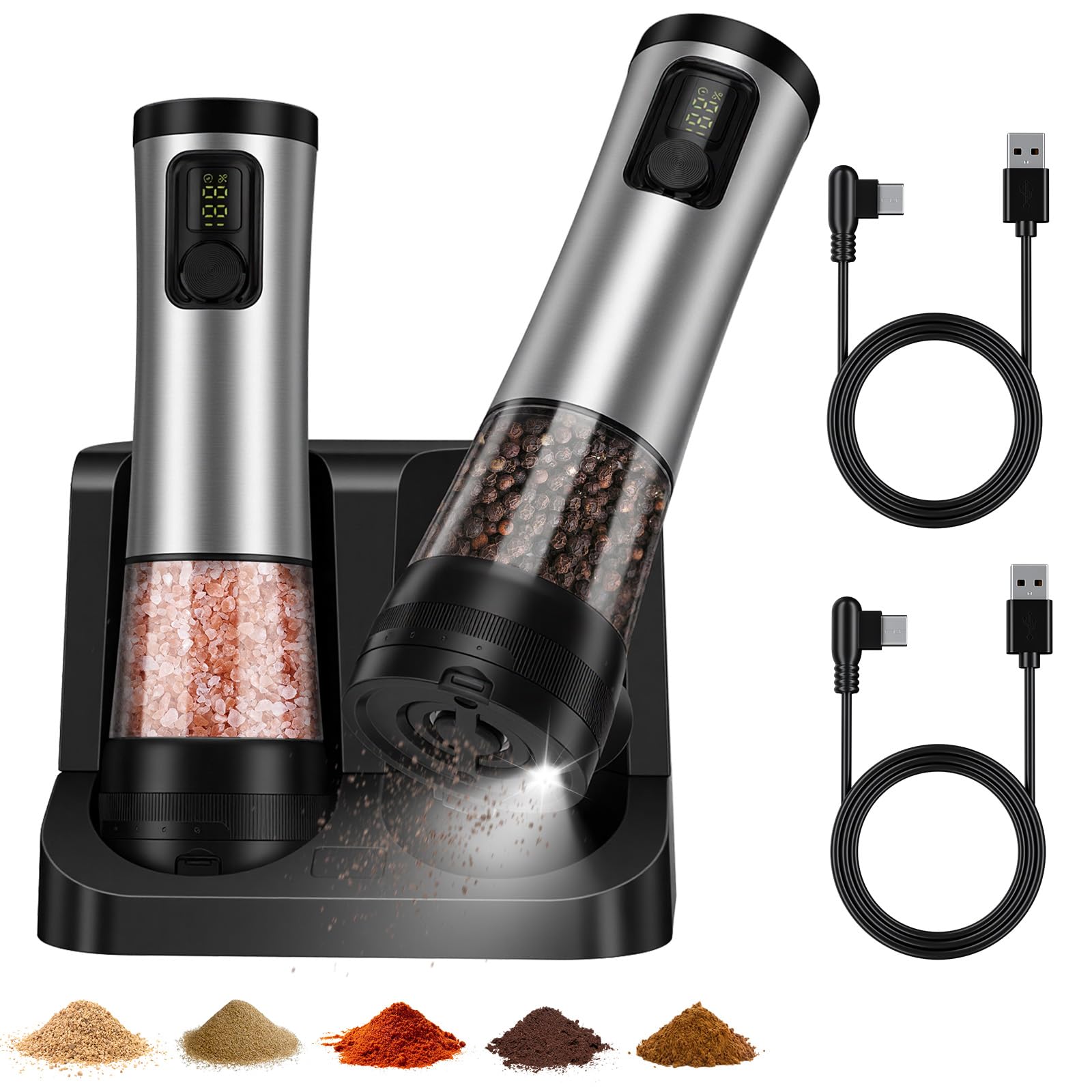srml Electric Salt and Pepper Grinder Set including Battery Display, Rechargeable Base & USB-C Charging