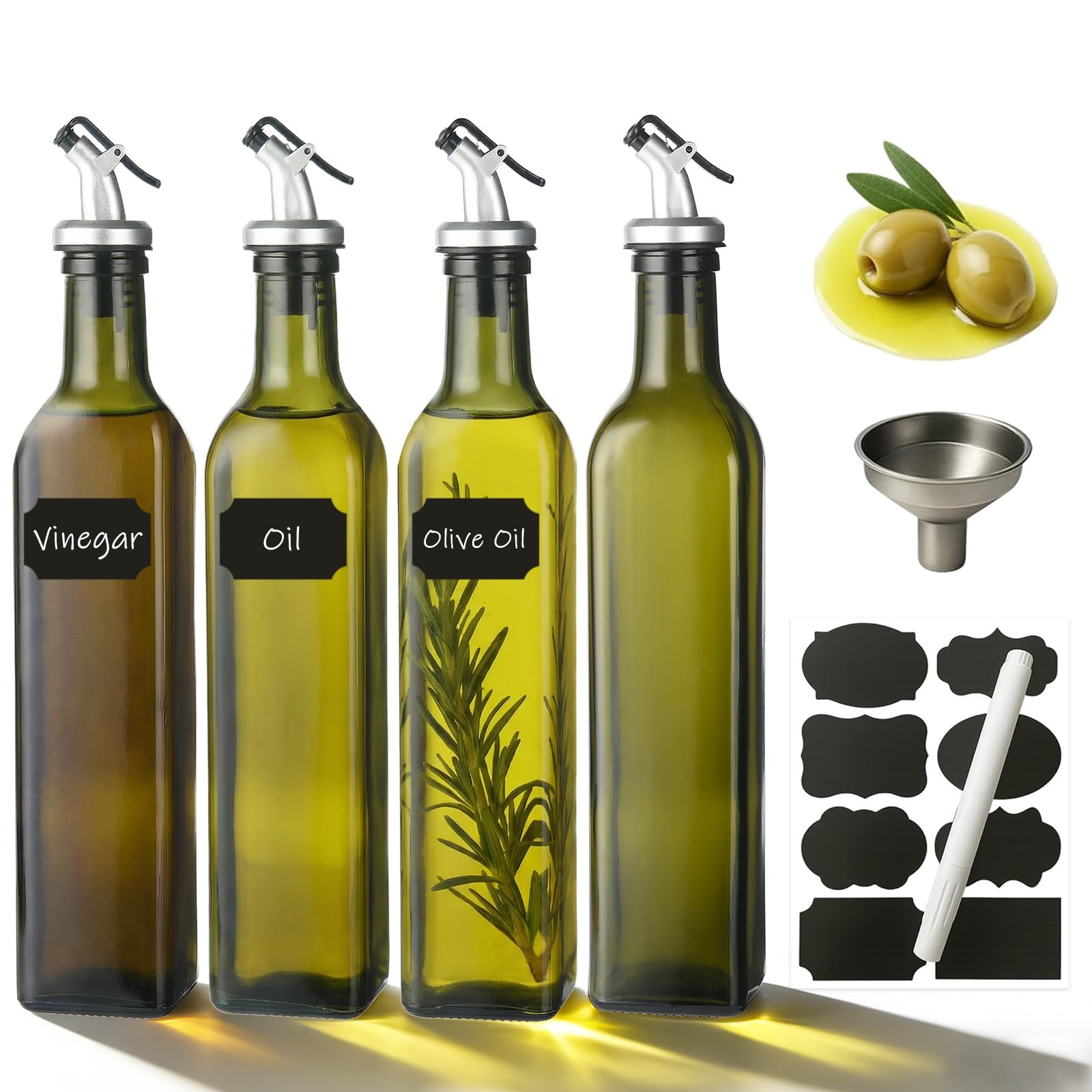 WERTIOO 4 Pack Olive Oil Dispenser Bottle for Kitchen, 500 ml Glass Oil Olive Bottle, Oil & Vinegar Dispenser Set with 1 Funnels, Pen and Tags (Green)