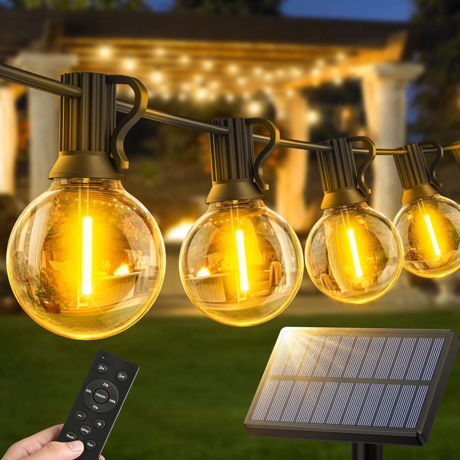 Warlisou Solar-Lichterkette für den Außenbereich, G40, 14 m lange Lichterkette für den Außenbereich, Fernbedienung, 14 m, Gartenlicht, solarbetrieben, wasserdicht, LED, Terrasse, Party, Pavillon