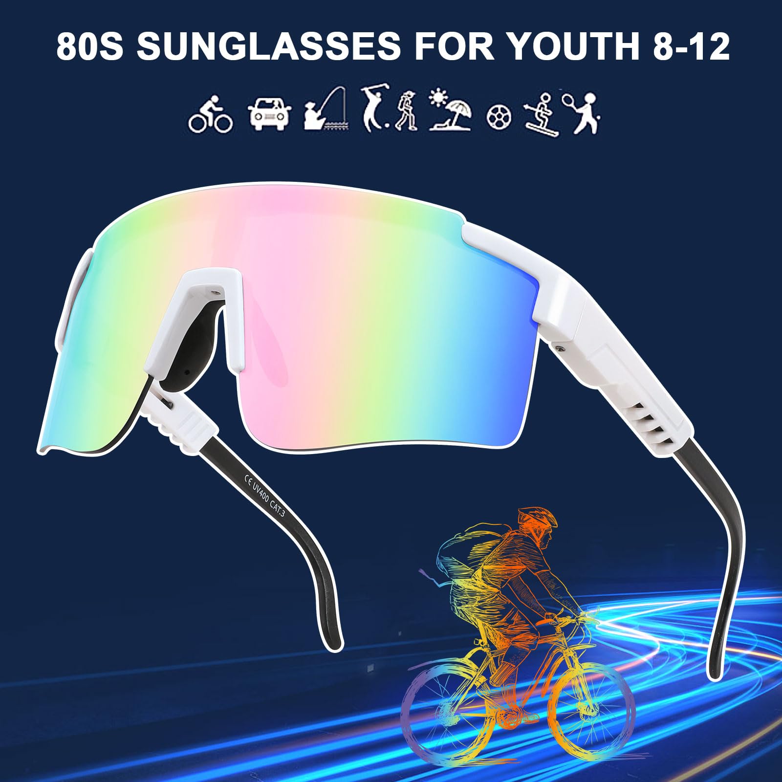 Lunettes de soleil de cyclisme pour homme et femme des années 80 avec visière réglable pour enfants de 8 à 16 ans