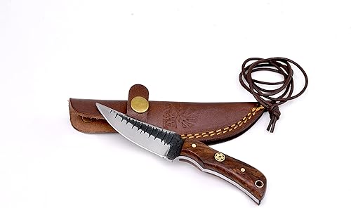 Titan International Knives Cuchillo de cuello hecho a mano de acero al carbono 1080 Hoja de escamas forjadas Mango de palisandro Funda de cuero