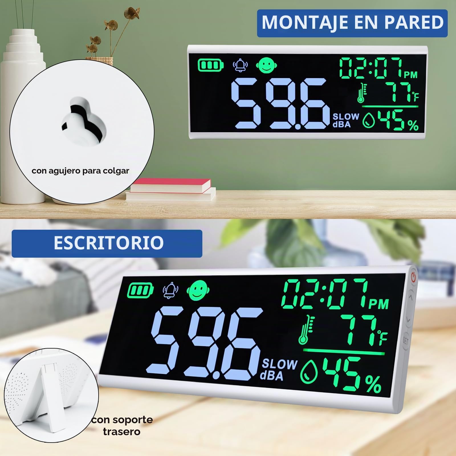 Medidor de decibelios de 13 pulgadas, medidor de nivel de sonido de pared y mesa, gran dispositivo LED para mostrar decibelios, hora, temperatura y humedad con zumbador y alarma de símbolo para aulas