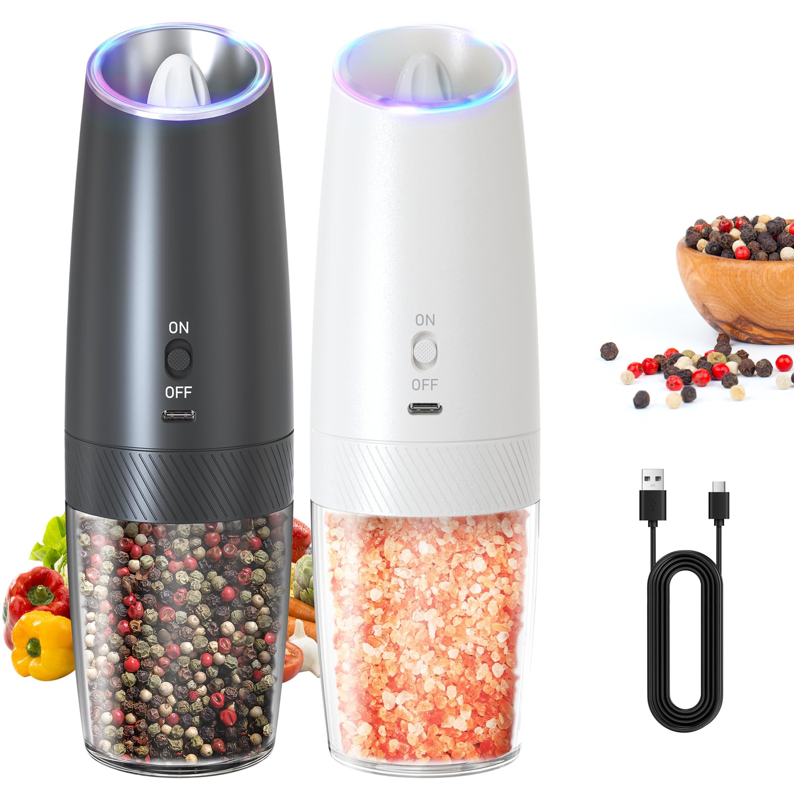 CIRCLE JOY Rechargeable Salt and Pepper Grinder Set Gravity Electric Salt and Pepper Grinder Set, LED Light, Adjustable Coarseness, for Home Kitchen BBQ, Black & White