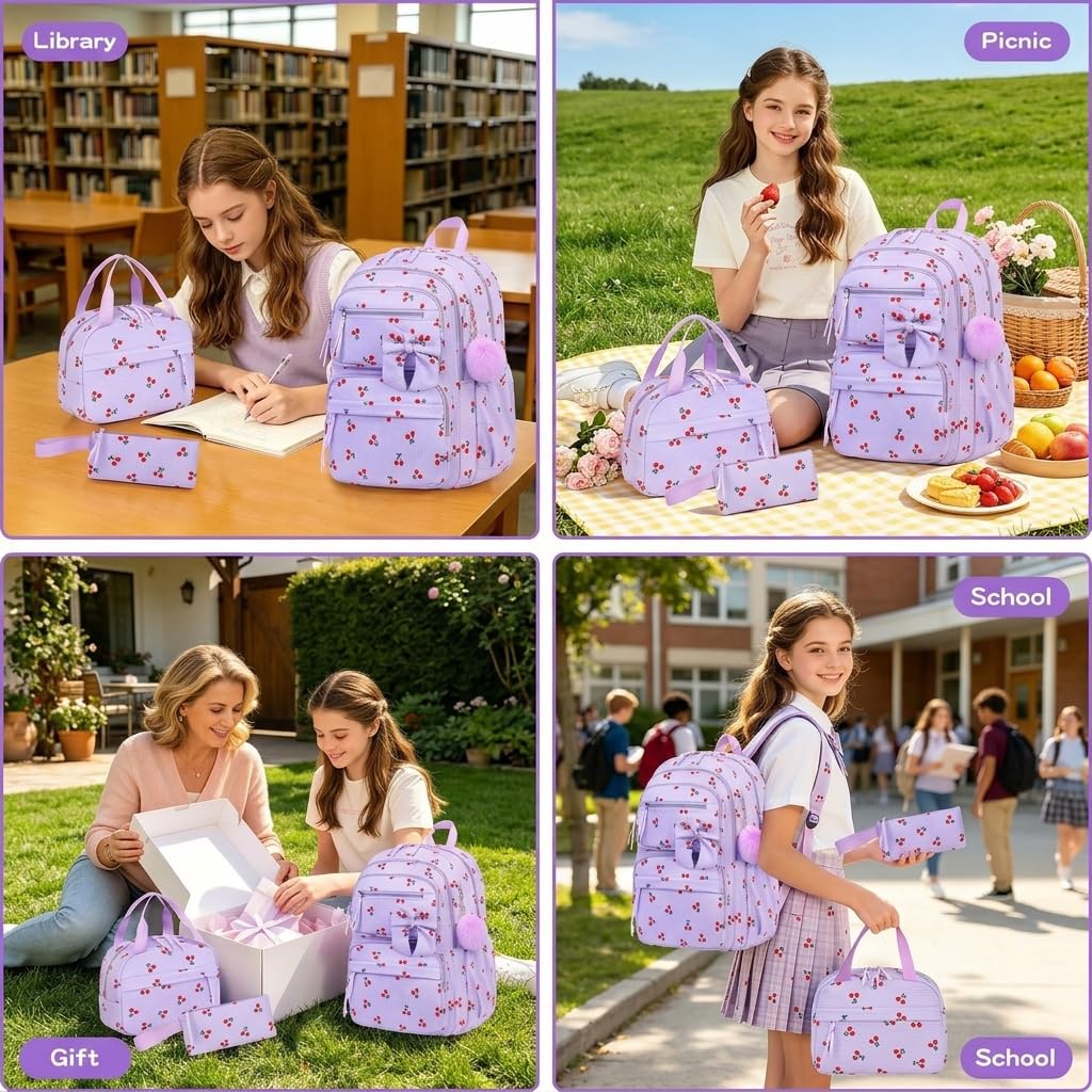 Set Zaino in Velluto a Coste con Ciliegie per Ragazze Adolescenti (Beige)