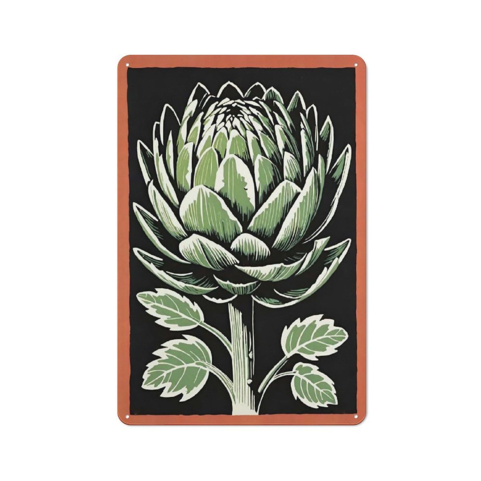 Junmoney Style-12 Linocut Artichoke Metal Wall Sign 30X20cm, Rustic Decor For Workshop Wall, For Vintage Wall Decor Fans, For Themed Room Decoration