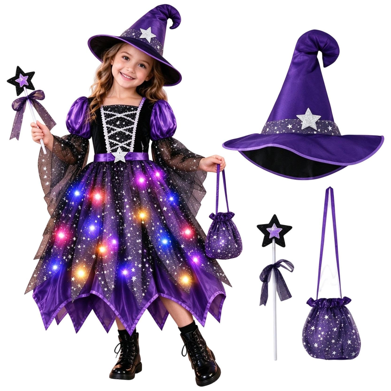 Witch Costume Kids, Light up Halloween Costumes for Girls Aged 4-12 — image 1