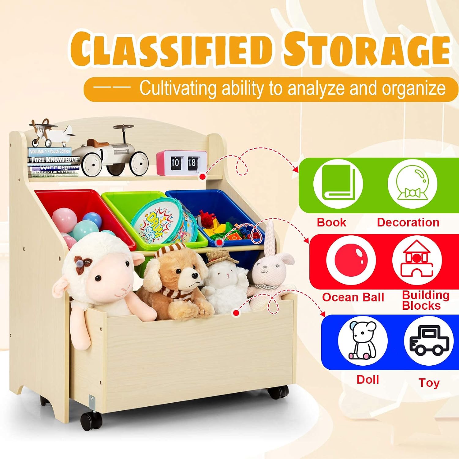 Costzon Kids Toy Storage Organizer Cabinet with Rolling Casters, Removable Book Shelf for Kids, Furniture Set Storage Unit with 3 Bins, Preschool/Homeschooling Mobile Organizer Shelf (Natural)