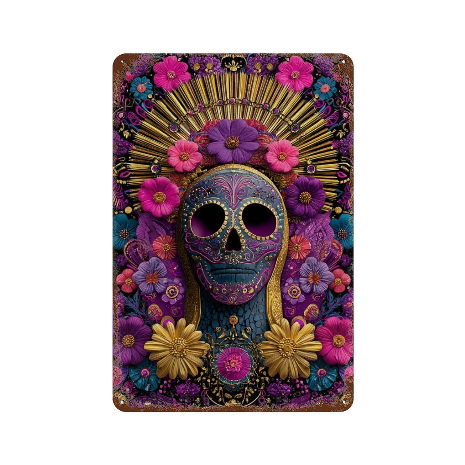 Colorful Sugar Skull Artwork Aged Metal Wall Plaque 11.8"x7.9", Industrial Home Decor for Garage, Pub Or Kitchen