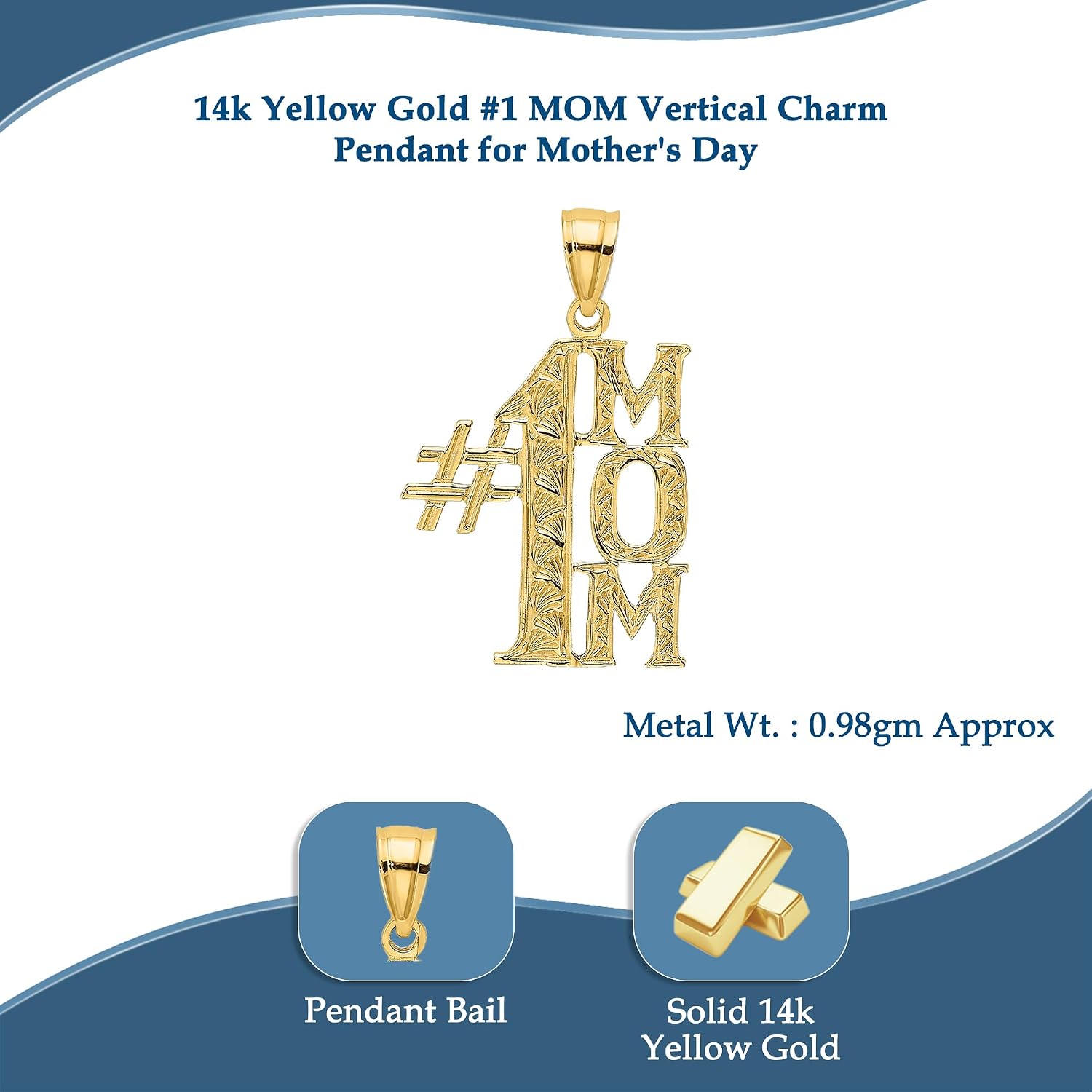 DewberryDiamonds 14K Yellow Gold #1 MOM Vertical Charm Pendant for Mother's Day (Weight : 0.98 gm, Length : 21.5 mm, Width : 15.1 mm)