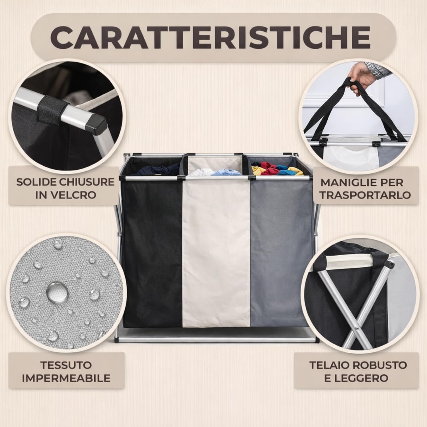 Cesto Portabiancheria Sporca Pieghevole Salvaspazio 3 Scomparti da 135 L con Manico Porta Biancheria 68x38x60 cm Sacchi Estraibili Lavabili Cesta Panni Bucato per Bagno Lavanderia Hotel
