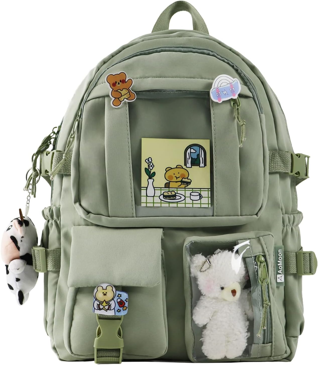 AoMoon Kawaii Backpack Lovely Pastel Rucksack for Teen Girls Aesthetic Student Bookbags with Kawaii Pin and Cute Accessories