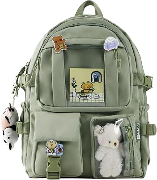 Kawaii Backpack Lovely Pastel Rucksack for Teen Girls Aesthetic Student Bookbags with Kawaii Pin and Cute Accessories Green-C