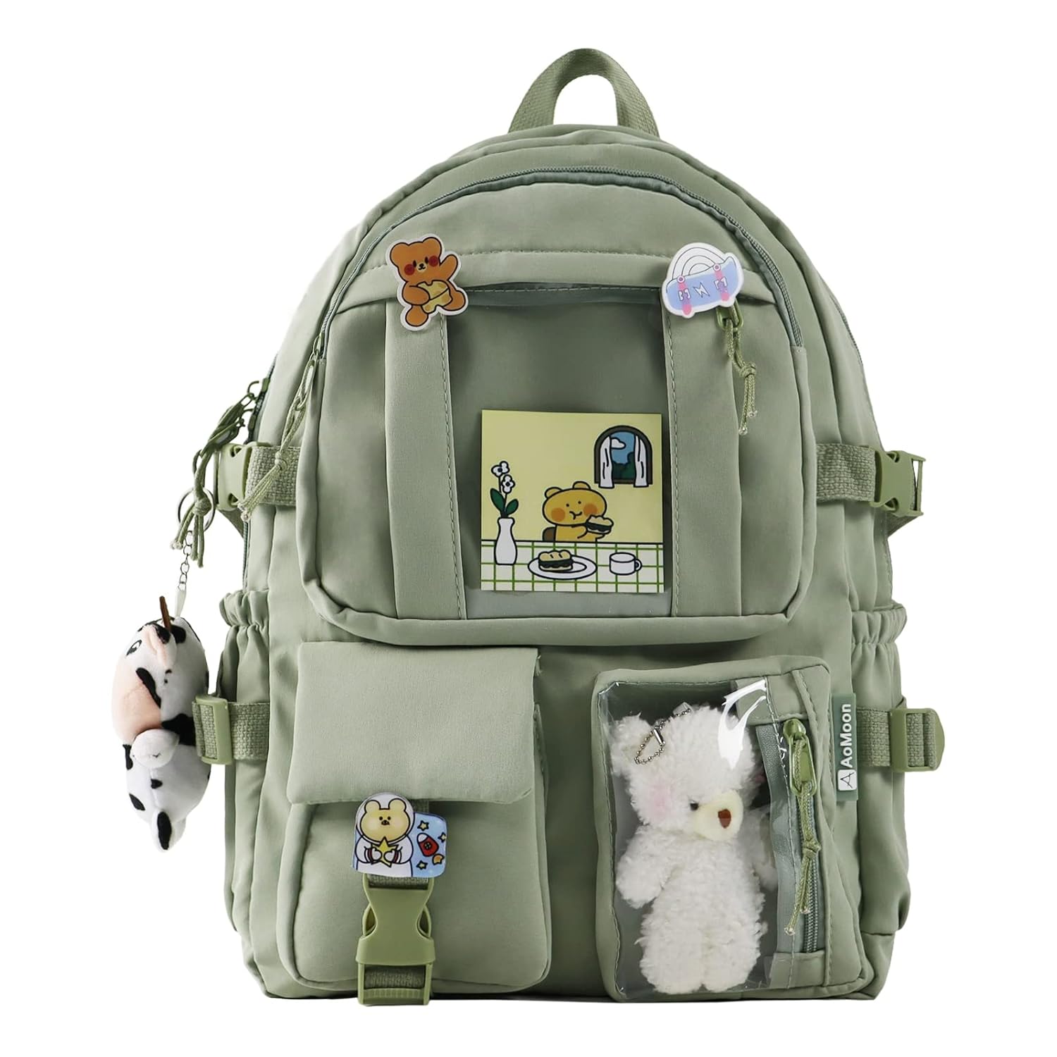 AoMoon Kawaii Backpack Lovely Pastel Rucksack for Teen Girls Aesthetic Student Bookbags with Kawaii Pin and Cute Accessories