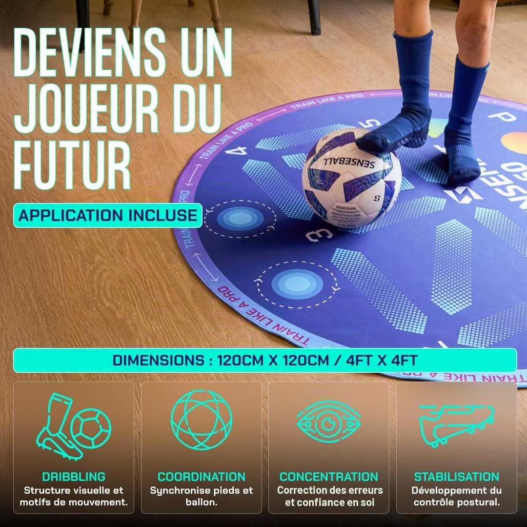 SenseBall - SenseMat 360 - Tapis d'Entraînement Football Cognitif & Jeu de Jambes - Méthode CogiTraining avec Application Incluse (120x120cm), Bleu