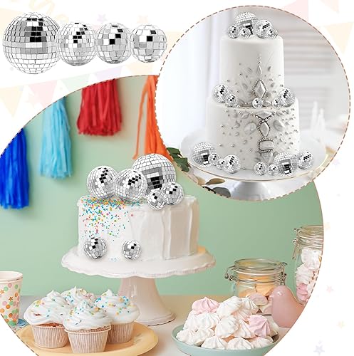 Miniatura 5 de Geetery 70 piezas de decoración de pastel de bola de discoteca de varios tamaños, espejo reflectante plateado, mini bola de discoteca pequeña,