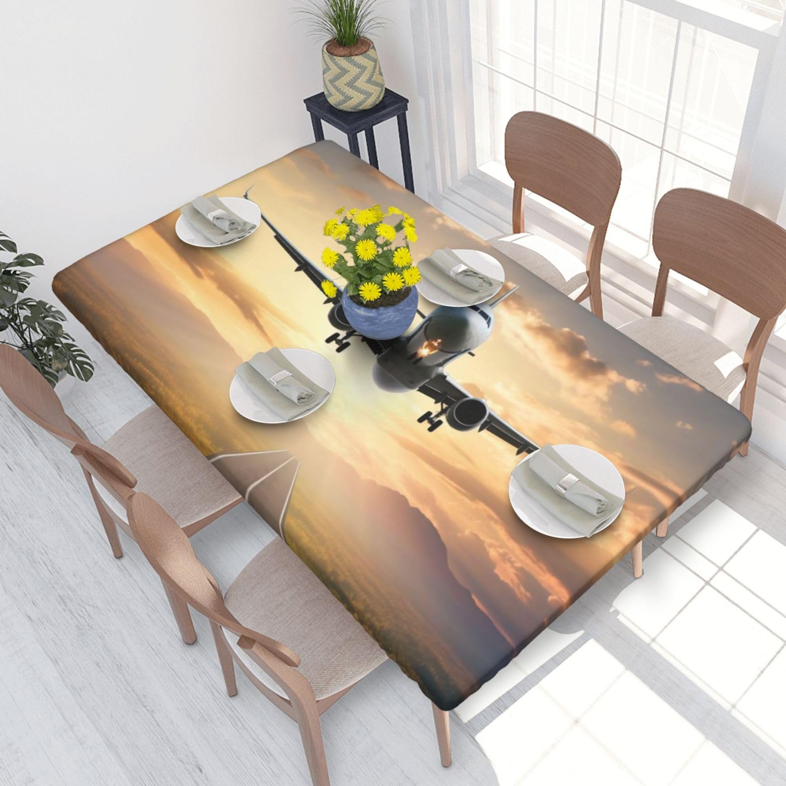 DCARSETCV Airplane Printed 4FT Waterproof Tablecloth with Elastic Edged Protect & Decor Your Table, Oil-proof Washable Table Cloth Cover for Dinner Picnic Party