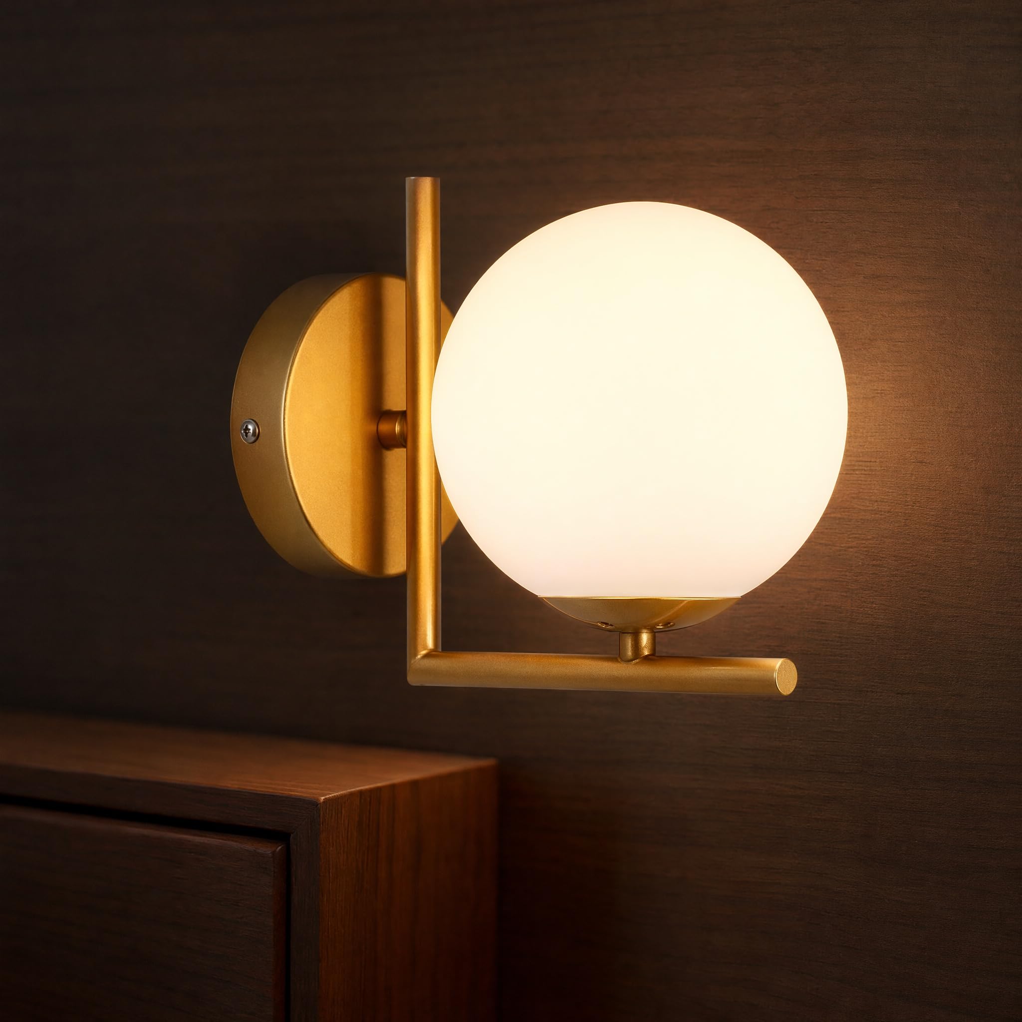 Aplique de pared con bola de cristal blanco, globo de cristal blanco con base dorada, lámpara de pared para cabecera (Dorado)