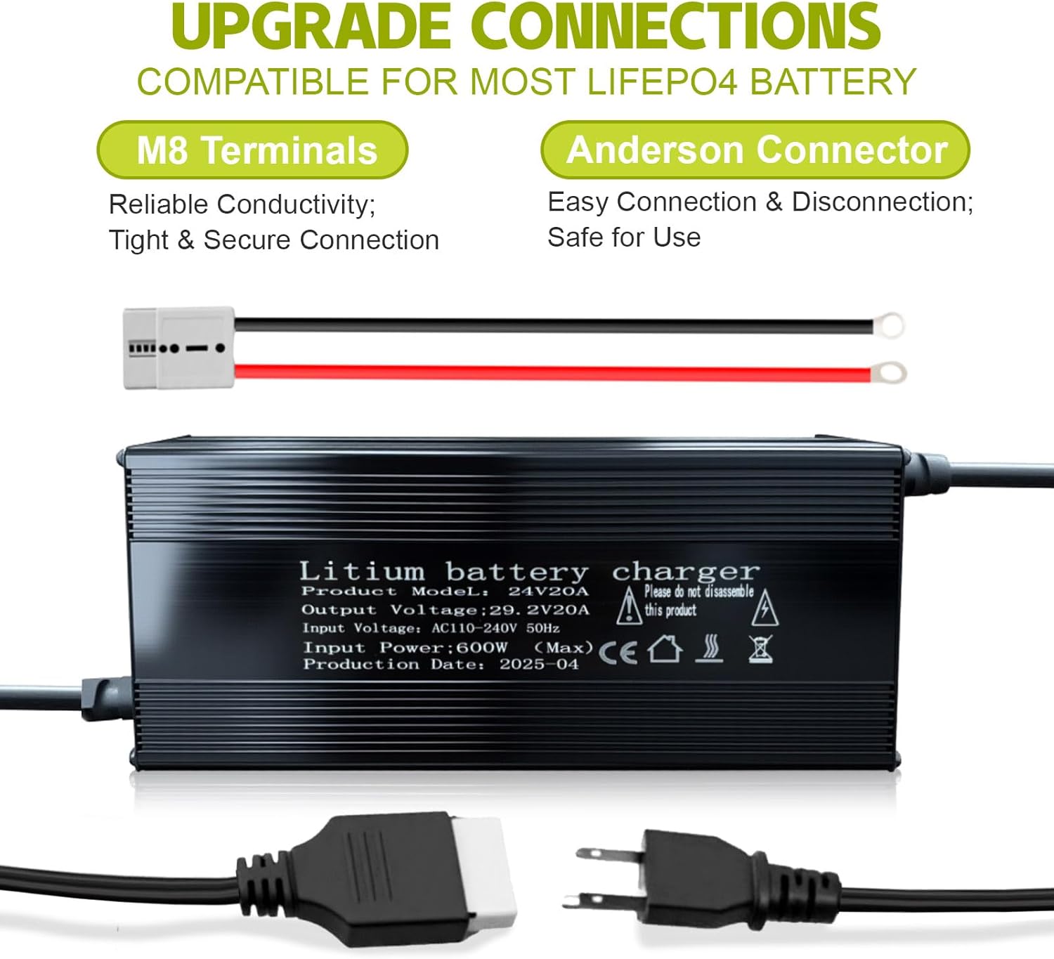 24V 20A Lithium Battery Charger 29.2V LiFePO4 Battery Charger, with Anderson Connector LED Indicator, Built-in Safety Protections, Support 0V Charging, Special for 24V LiFePO4 Battery