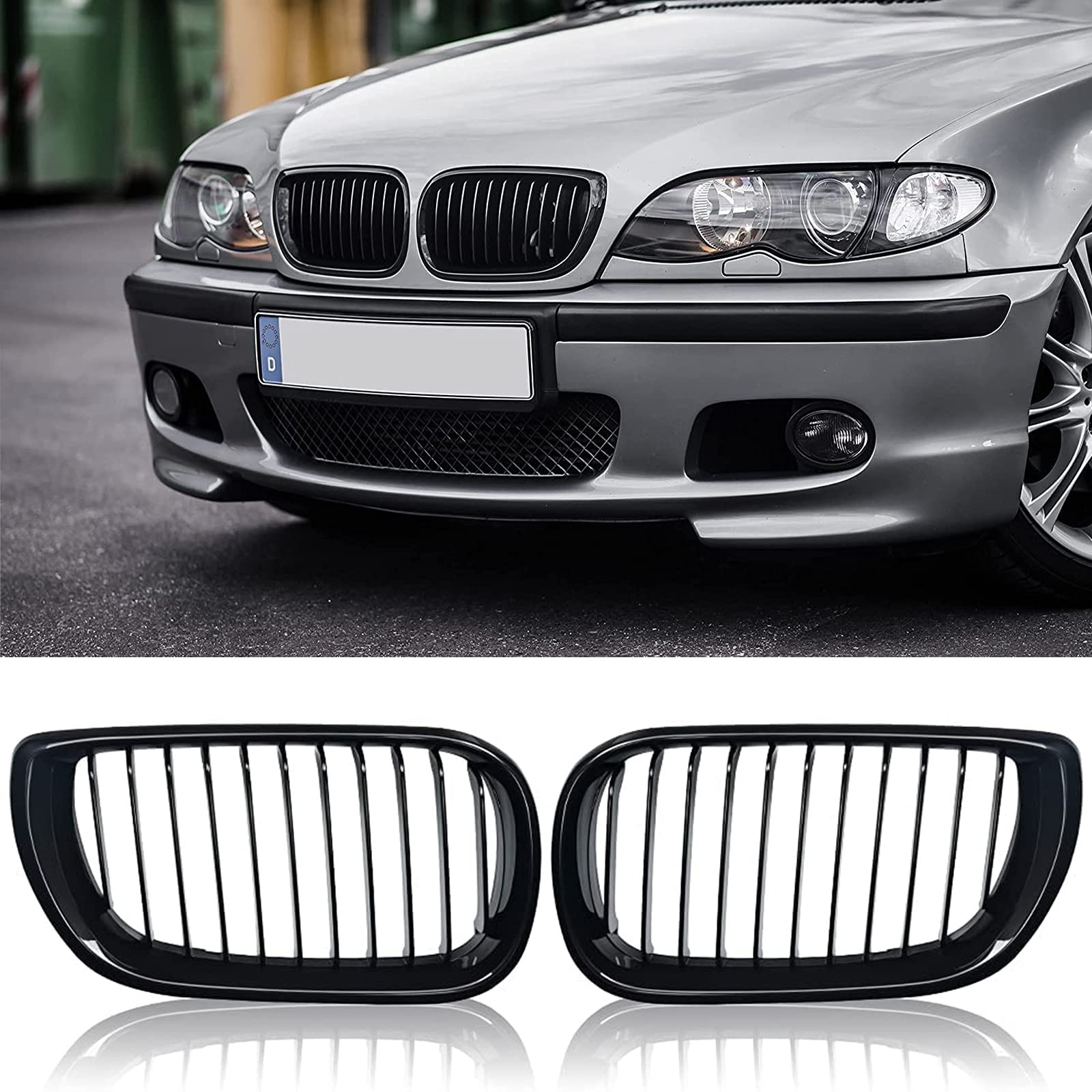 E46 Rejilla de Radiador, Parrilla Frontal Negra de Alto Brillo, Par de Rejillas de Radiador deportivas de Doble Barra para Serie 3 E46 4 Puertas 4d 2002-2005 Lci Facelift (No Apto para 2 Puertas)