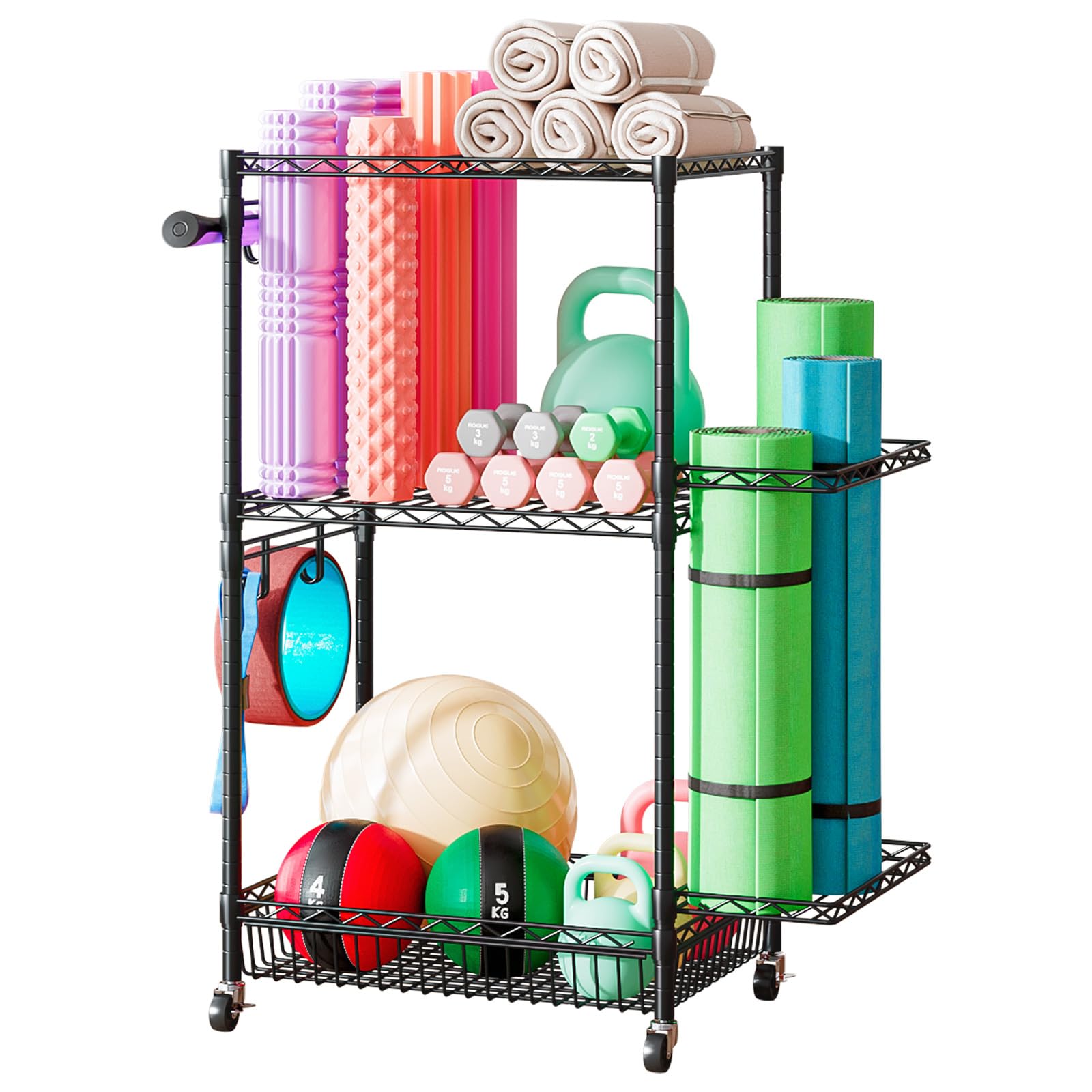 Scaffale portaoggetti per attrezzature sportive a 3 livelli con 4 ruote con freno e ganci, supporto in metallo per pesi, corde da saltare e accessori per fitness, ruote, struttura solida