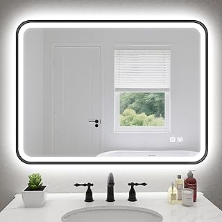 Comprar S'bagno Espejo Baño con Luz Rectangular 80x60 cm, Espejos de Baño con LED y Marco de Aluminio, Antivaho, 3000K-6500K, Regulable, Cristal Templado HD, Función de Memoria, IP44, Negro
