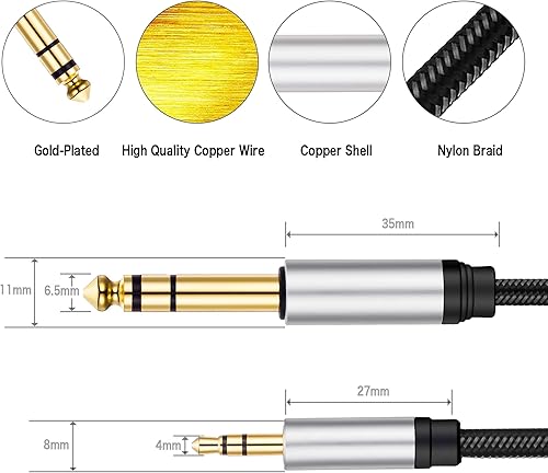Miniatura 5 de Cable de audio de 0.138 in a 0.250 in de 25 pies, terminal chapado en oro plateado carcasa de aleación de zinc de 0.138 in 18 pulgadas macho TRS a