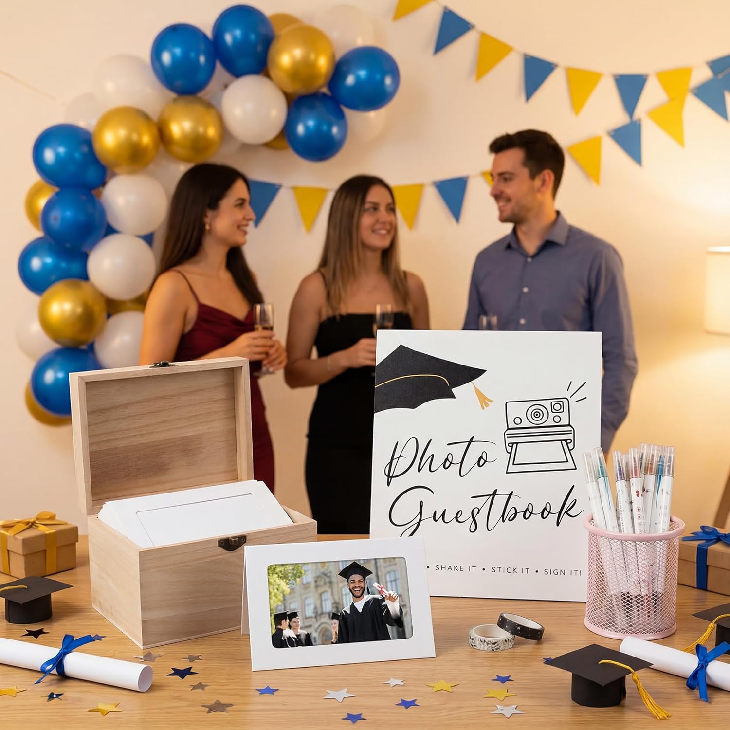 Epakh Class of 2026 Graduation Wishes Cards Box Graduation Party Photo Frame Note Cards for 4" x 6" Photos with 10 Metallic Markers 2 Washi Tape Wooden Keepsake Box for Grad Party Decor(White Card)