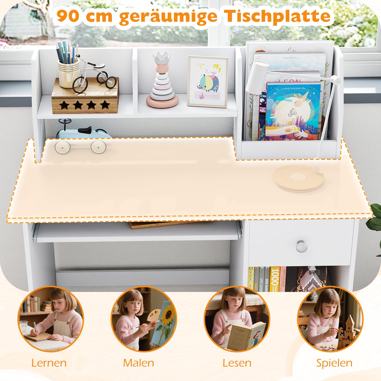 GOPLUS Kinderschreibtisch, Kinder Schreibtisch mit Bücherregal, Schublade & 4 offenen Ablagen, Kindertisch mit Tastaturablage, Jugendschreibtisch mit Kippschutz, Schreibtisch für ab 3 Jahren (Weiß)