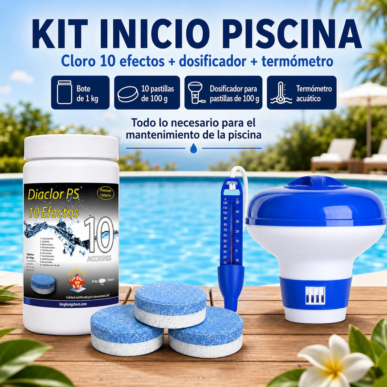 Kit Cloro Piscinas pequeñas DIACLOR PS 10 Efectos 1 KG (Pastillas 100 GR) Tratamiento Completo + DOSIFICADOR Grande + TERMÓMETRO
