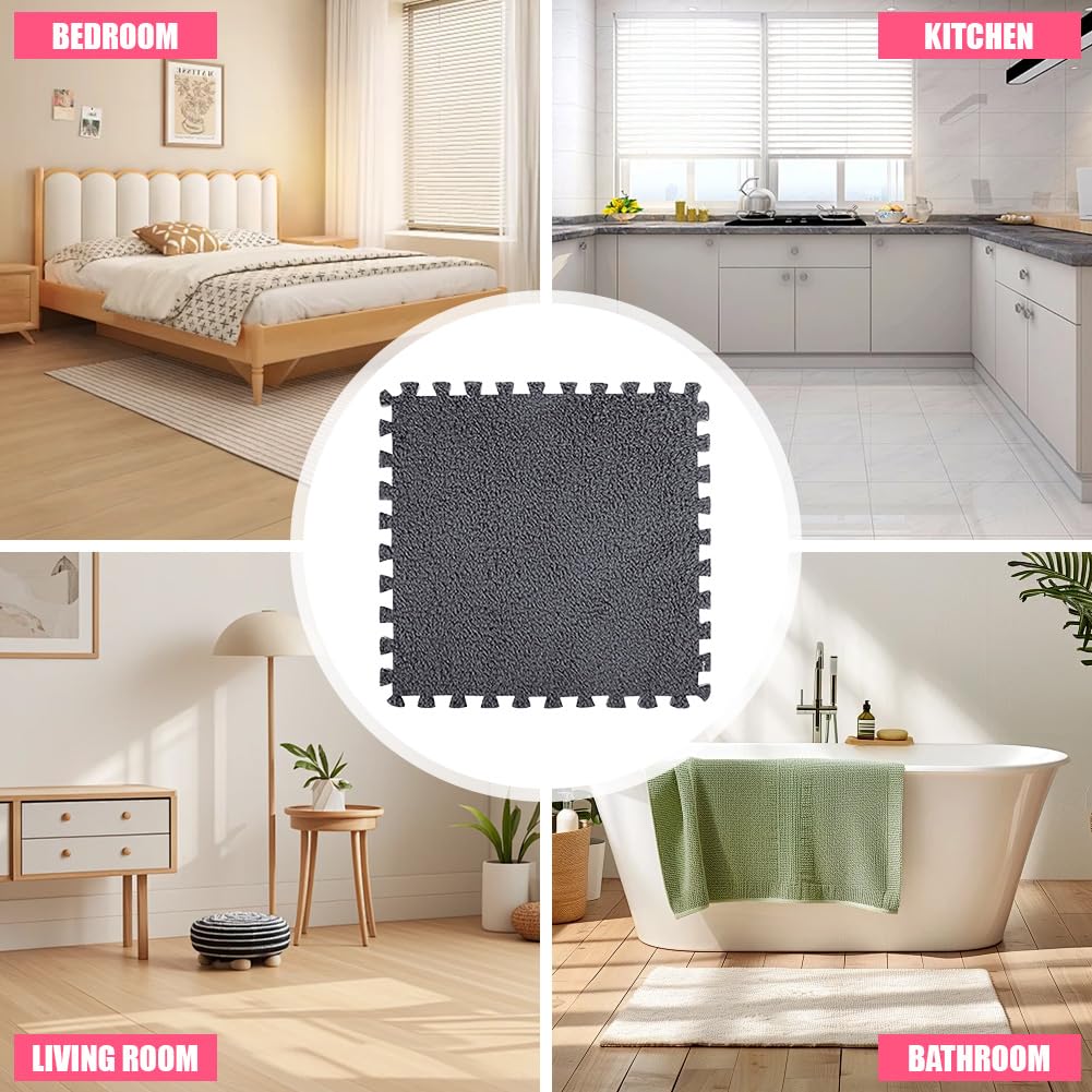 12 Stück Teppichboden Schaumstoffmatte, Plüsch Teppichfliesen, Ineinandergreifender Wohnzimmer Memory Foam Teppich (Schwarz)