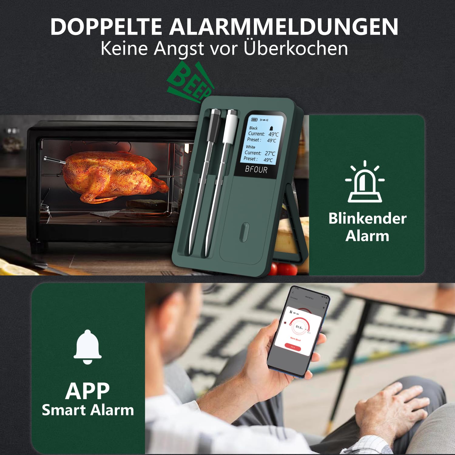 BF-40 Fleischthermometer kabellos mit 2 Sonden, LCD-Display, App-Steuerung, IP67 Wasserdicht, Bluetooth Grillthermometer für Grill, Raucher, Backofen, Küche, Bratenthermometer