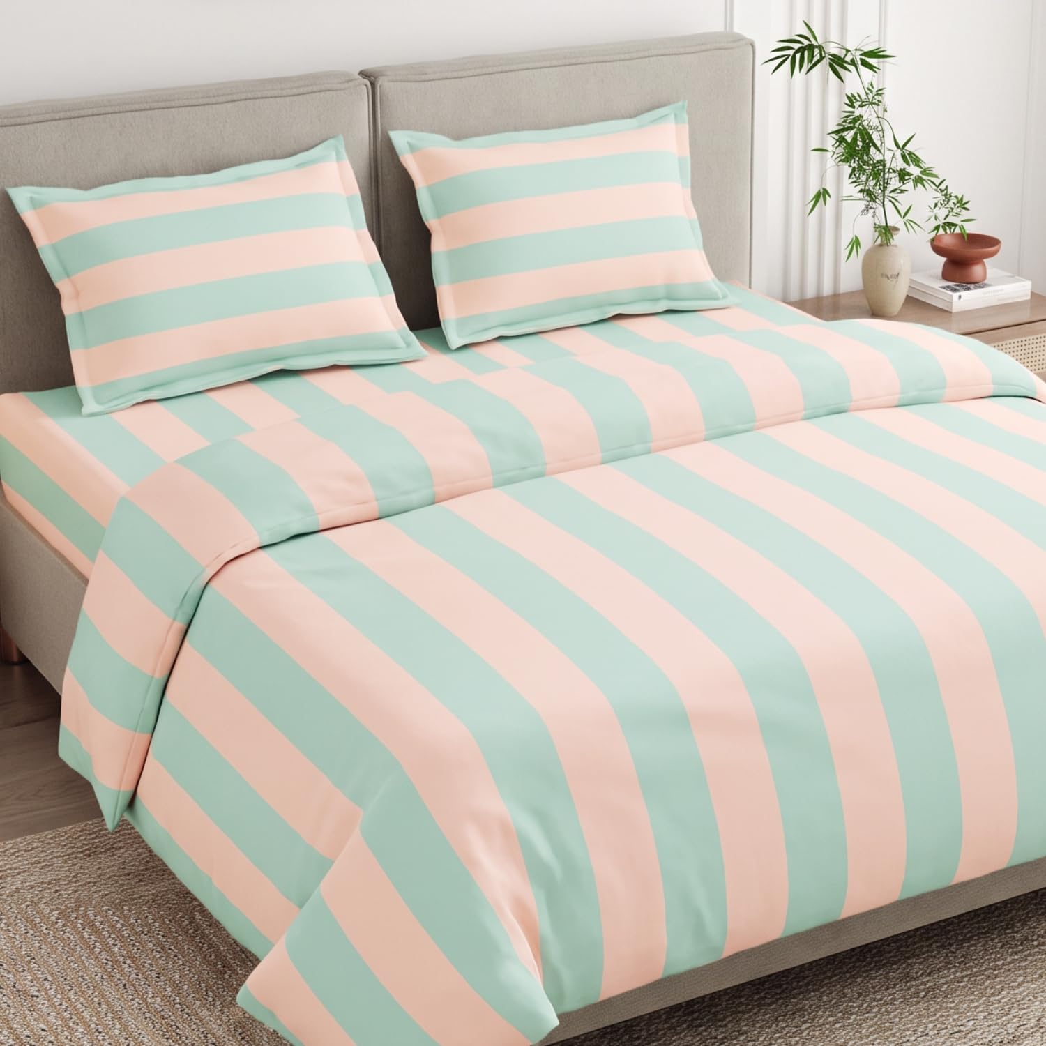 Haus & Kinder Double Bed Bedsheet 90 x 100 | 186 TC Pure Cotton Bed Sheet Double Bed with 2 Pillow Covers | Queen Size Bed Sheet | Nagomi Stripe Harmony & Tranquility-picture-34