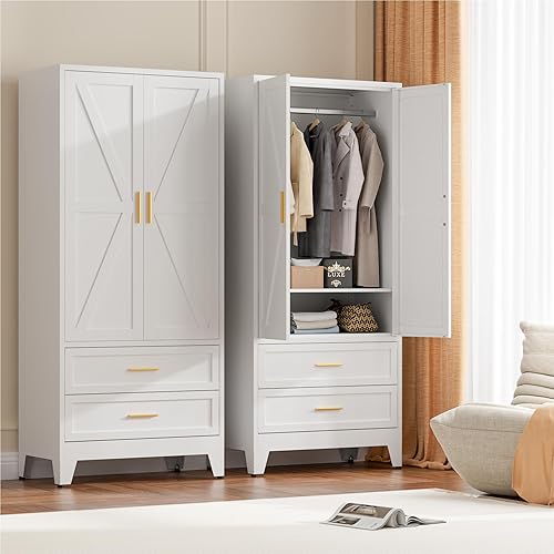 Miniatura 6 de Armario de metal de 71 pulgadas de alto con 2 cajones y barra para colgar, armario de 2 puertas con estante para dormitorio, oficina, lavandería