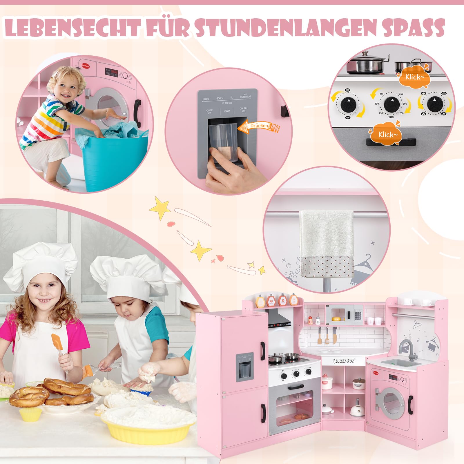 DREAMADE Kinderküche mit Licht und Sound, Kinder Küche Eckküche aus Holz mit Herd Spüle Backofen Waschmaschiene, Spielküche mit 14 TLG. Spielzubehör für Kinder ab 3 Jahren (Rosa)