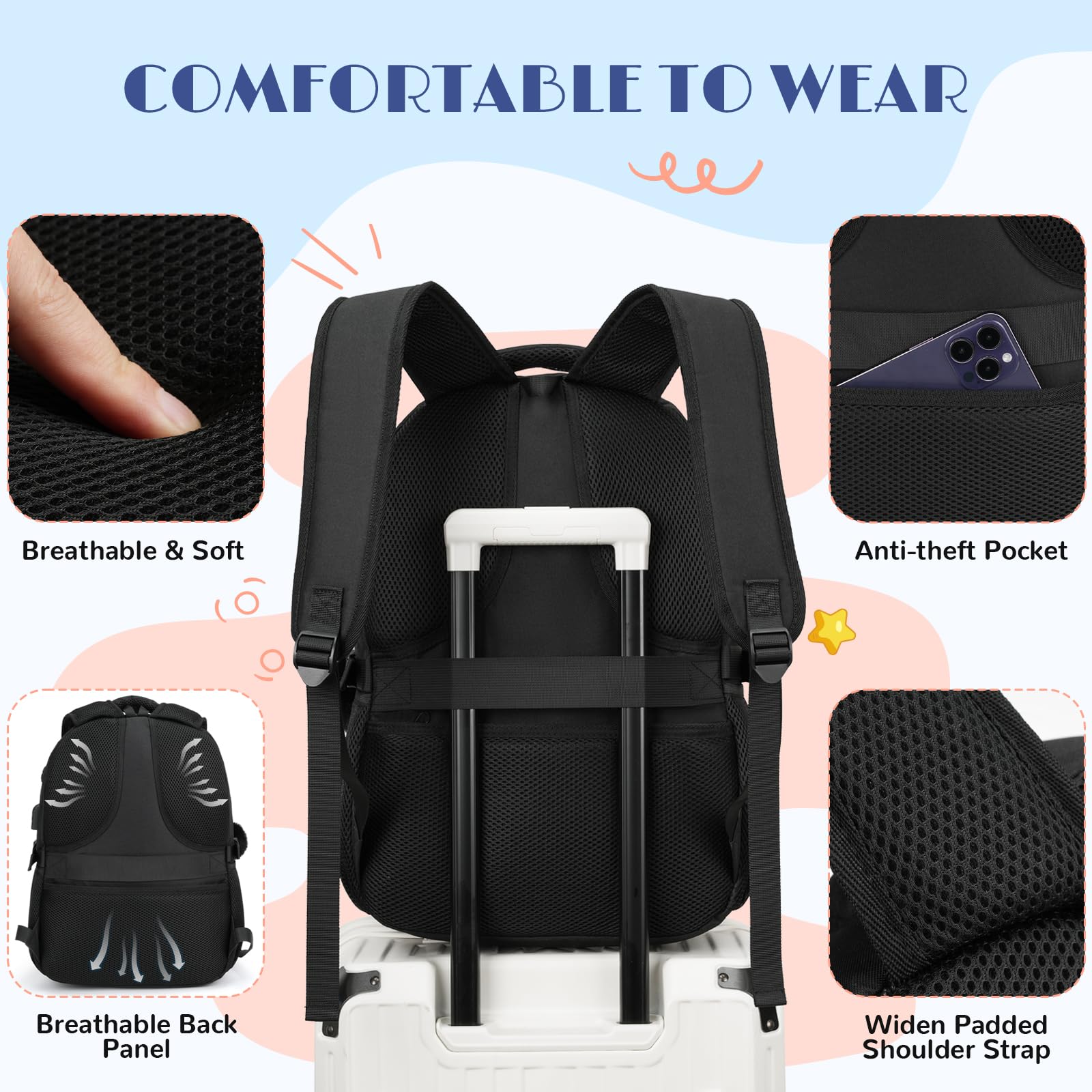 kadilong Zaino per computer portatile da 17,3 pollici, per donne, adolescenti, ragazze, per studenti universitari, medie e superiori, mochila escolares para niñas mujeres (nero)