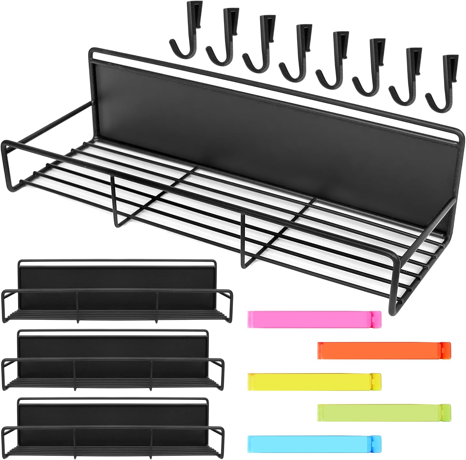 Magnetic Spice Rack for Refrigerator - Extra Strong Magnetic Hold and Enhanced Storage Capacity with 2 Medium & 2 Large Shelves - Space Saving Magnetic Shelf for Fridge, Includes 5 Bag Clips & 8 Hooks