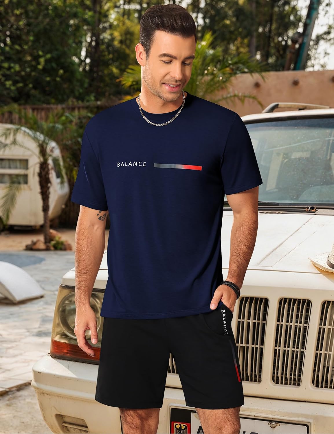 LecGee Men's Letter Graphic Print T Shirts Short Sleeve Top & Shorts Tropical Casual Fashion Tracksuit
