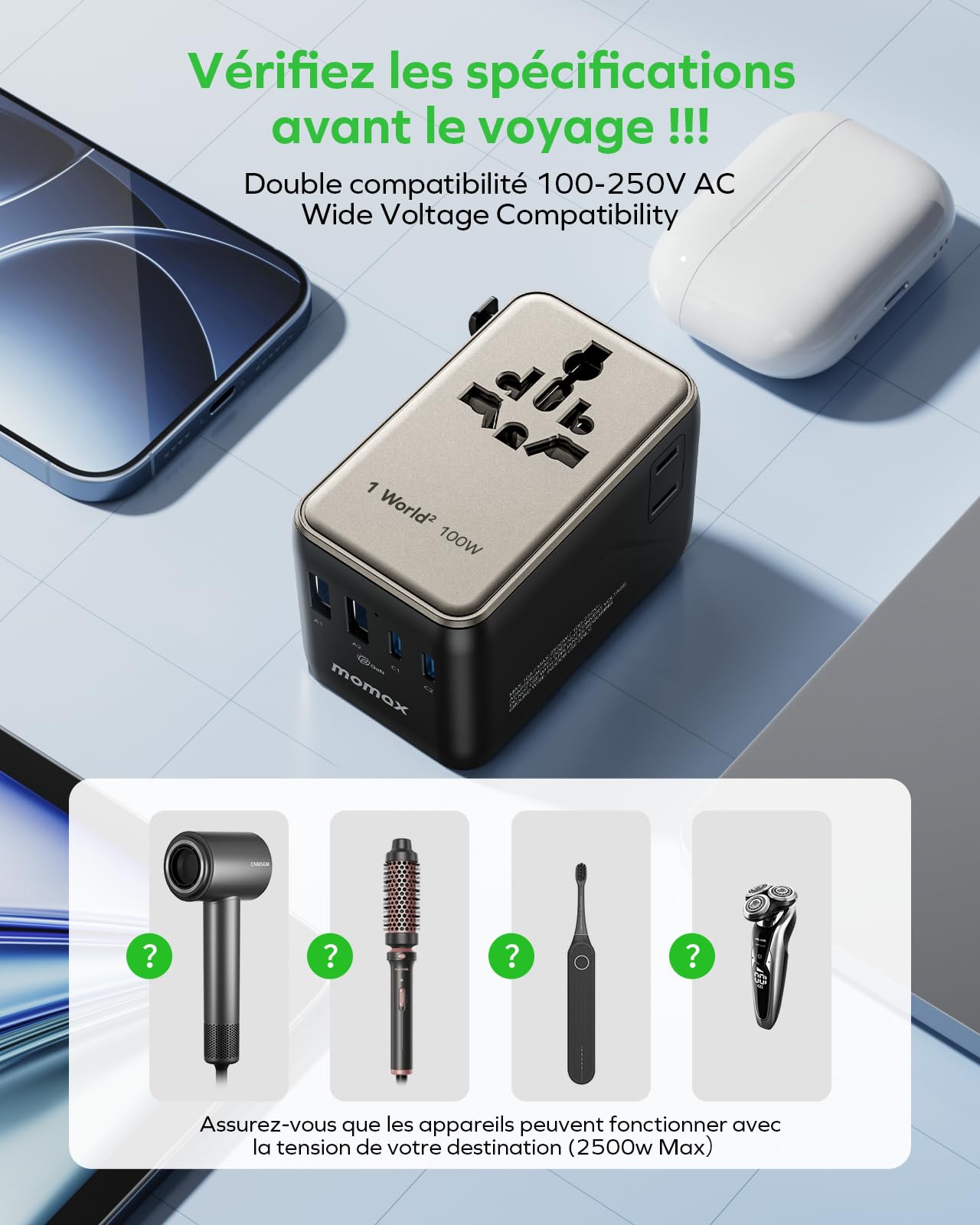 Chargeur Rapide Universel 100W GaN avec 2 Prises AC, 2 USB-C PD + 2 USB-A QC - Compatible avec Plus de 150 Pays dans Le Monde Entier (UE, États-Unis, Royaume-Uni, Japon, etc.) -Or