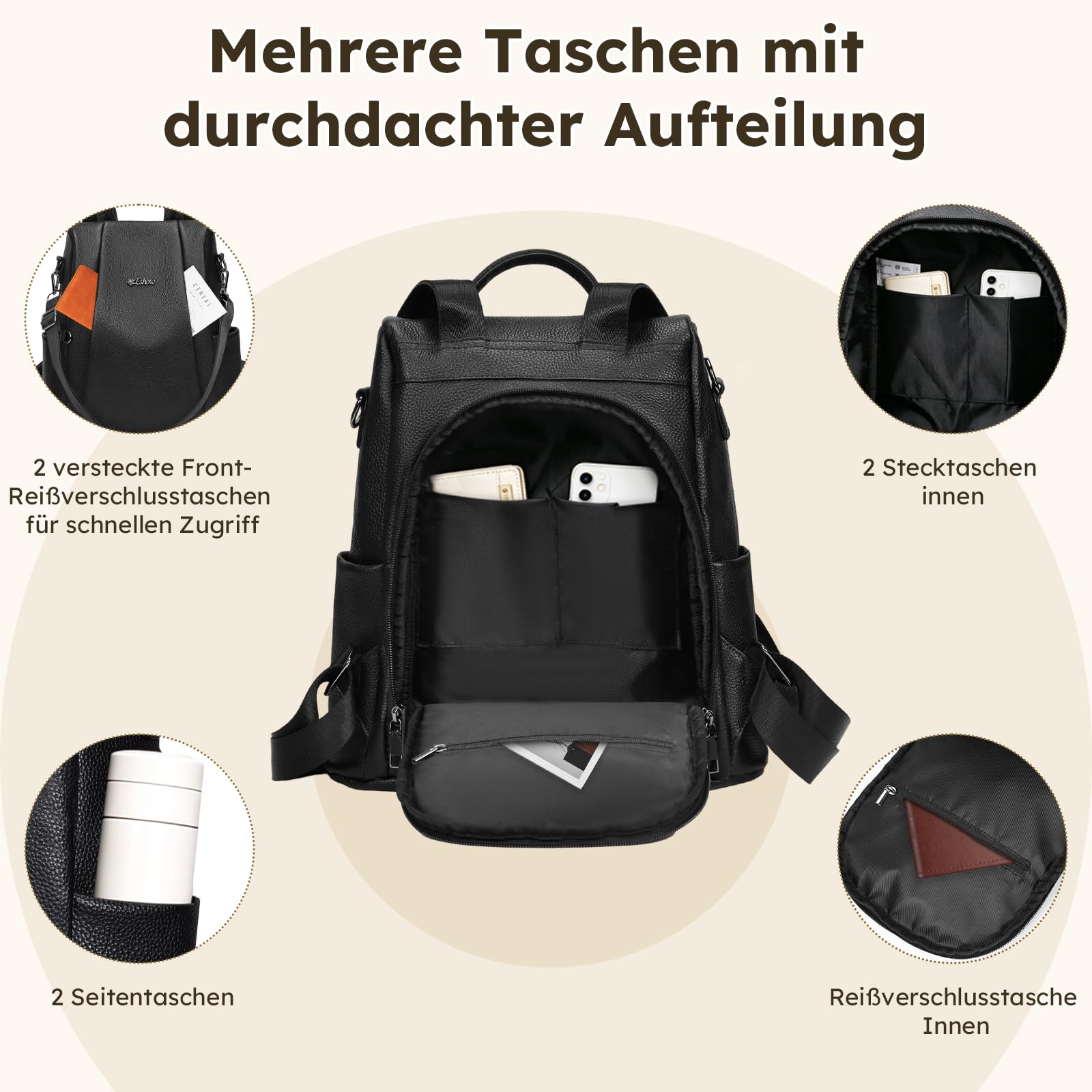 Eshow Rucksack Damen Klein aus Echtleder Diebstahlschutz 3-in-1 Schwarz | Cityrucksack für Freizeit Alltag Pendeln Schule Arbeit Reisen Büro Einkaufen, Wasserabweisend, Elegant, Modern