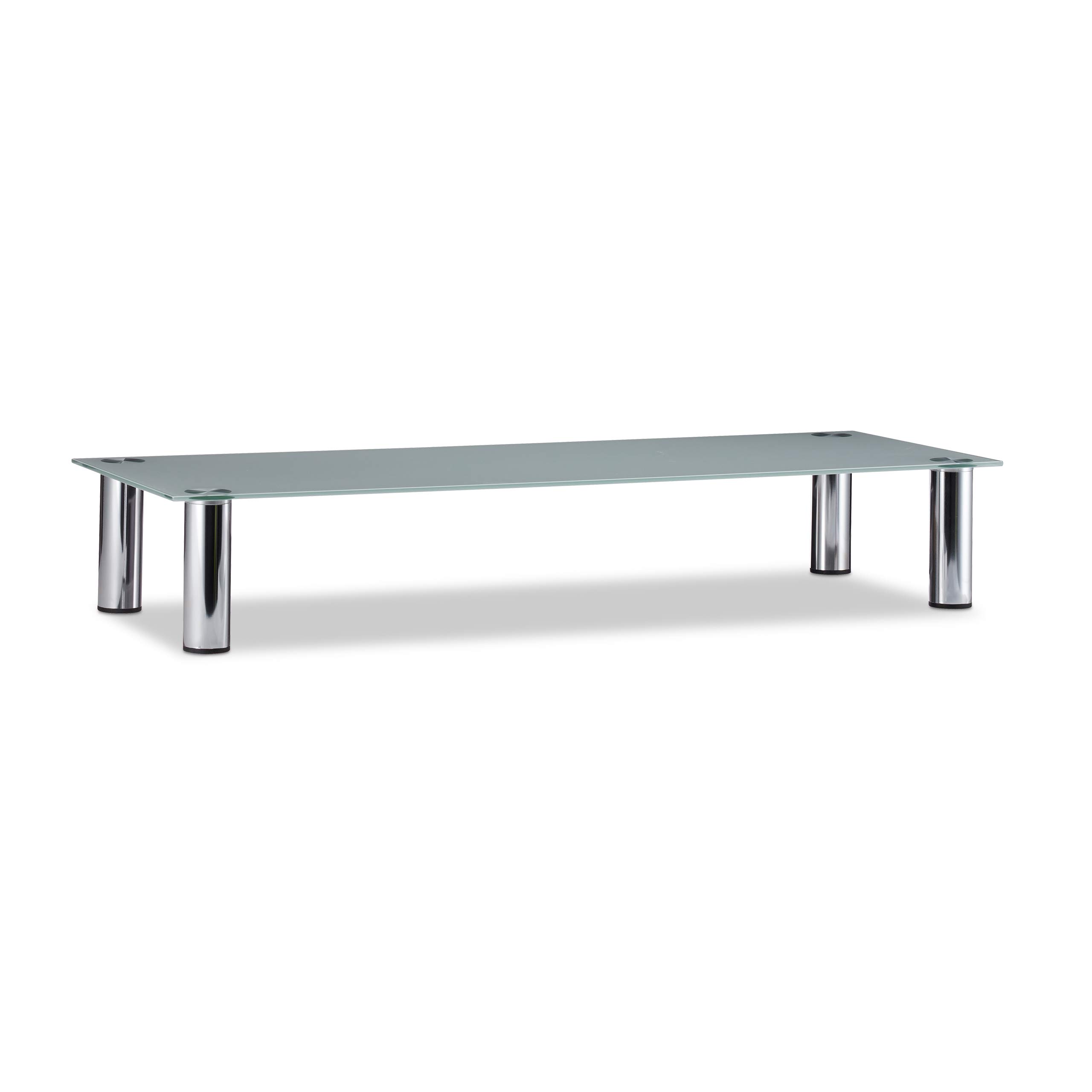 Relaxdays Tavolino TV Vetro, Gambe Metallo Cromato, Mobile Porta Televisione, Rettangolare, Ripiano, 100x35x17 cm, Bianco/Argento