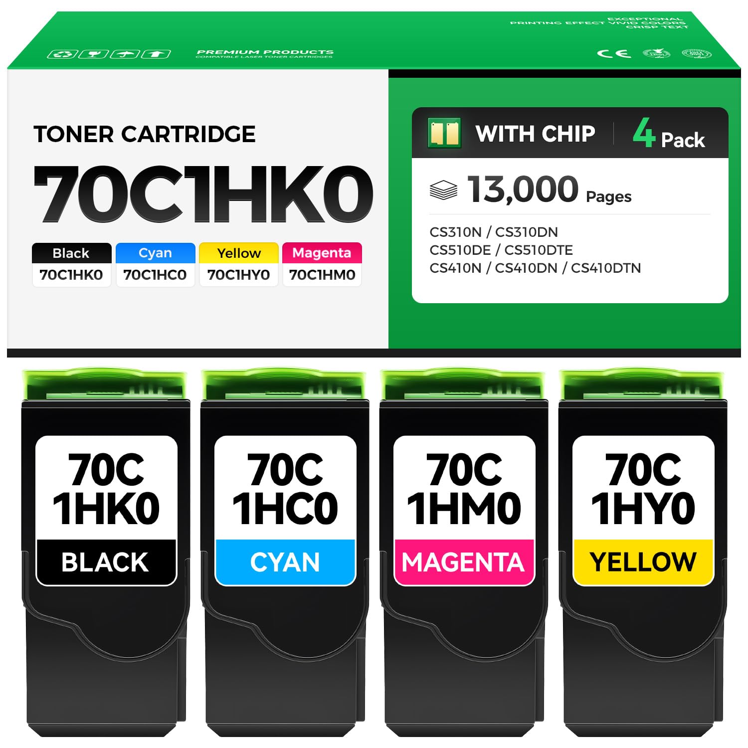 70C1HK0 70C1HC0 70C1HM0 70C1HY0 Toner Cartridge Set 4-Pack with Chip Replacement