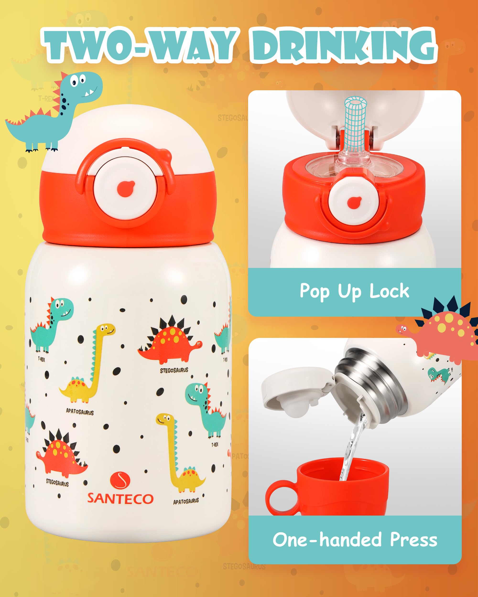 SANTECO Borraccia Bambini Acciaio Inox,Bottiglia Termica con Cannuccia, Termos 450ml Senza BPA, Bottiglia Acqua riutilizzabile, Caldo/Freddo, per campeggio, scuola, asilo