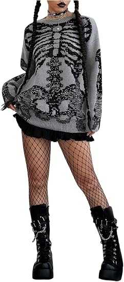 BEAUDRM Women's Skeleton Graphic Sweater Oversized Grunge Punk Crew Neck Long Sleeve Gothic Knitted Pullover Tops