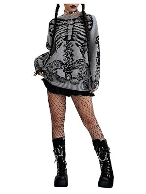 Womens Skeleton Graphic Sweater Oversized Grunge Punk Crew Neck Long Sleeve Gothic Knitted Pullover Tops