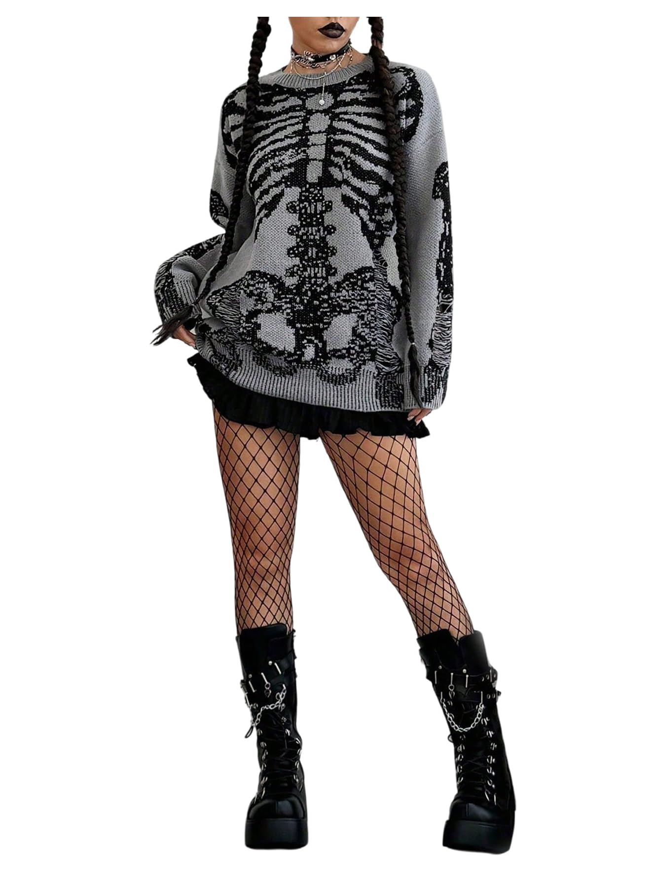 Womens Skeleton Graphic Sweater Oversized Grunge Punk Crew Neck Long Sleeve Gothic Knitted Pullover Tops