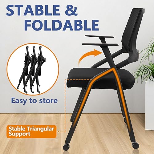 Miniatura 6 de CLATINA Sillas plegables apilables para sala de conferencias con ruedas, silla de escritorio de oficina acolchada portátil con soporte lumbar y